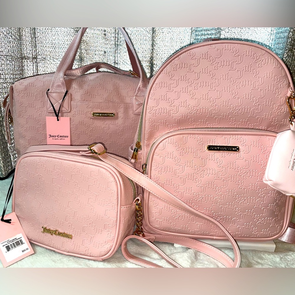 New!!Juicy couture GP pink wordplay bestseller overnighter, backpack, crossbody!